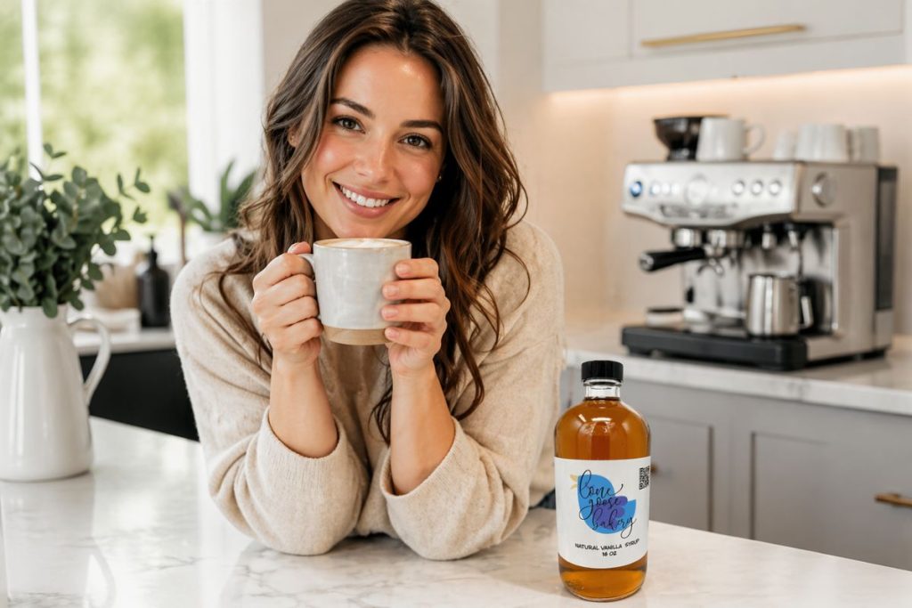 lone goose natural vanilla coffee syrup with woman drinking latte