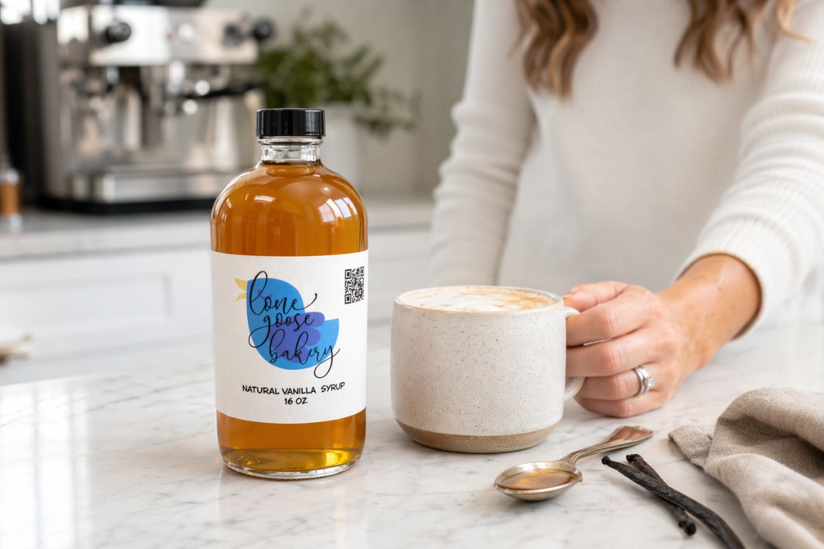 lone goose bakery vanilla coffee syrup in kitchen