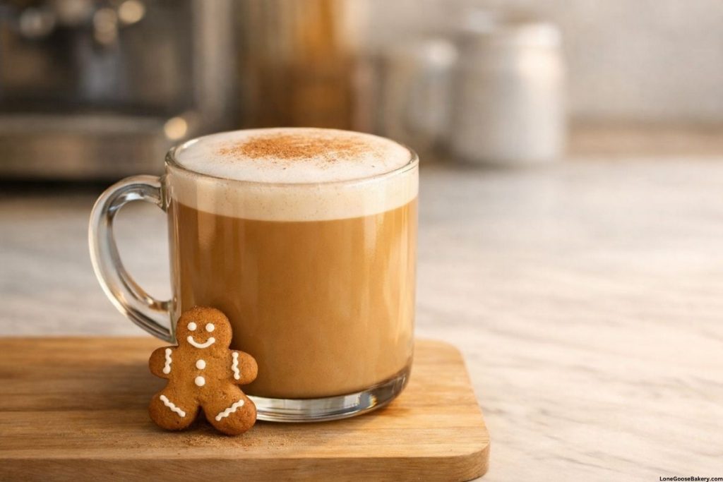gingerbread latte in clear mug with gingerbread man