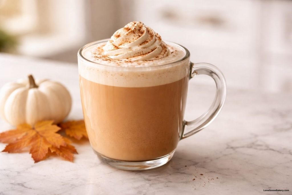 pumpkin spice latte in clear mug