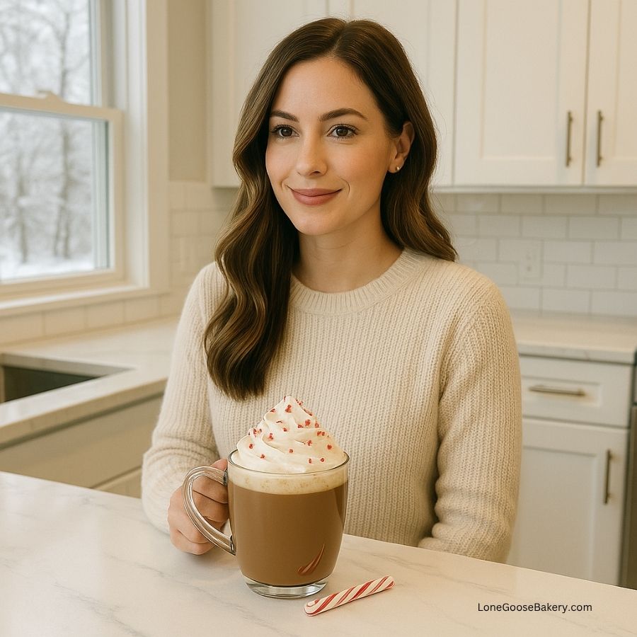 woman with peppermint mocha in kitchen