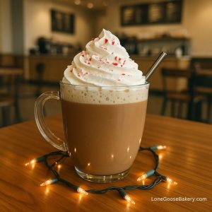 peppermint mocha on table with christmas lights