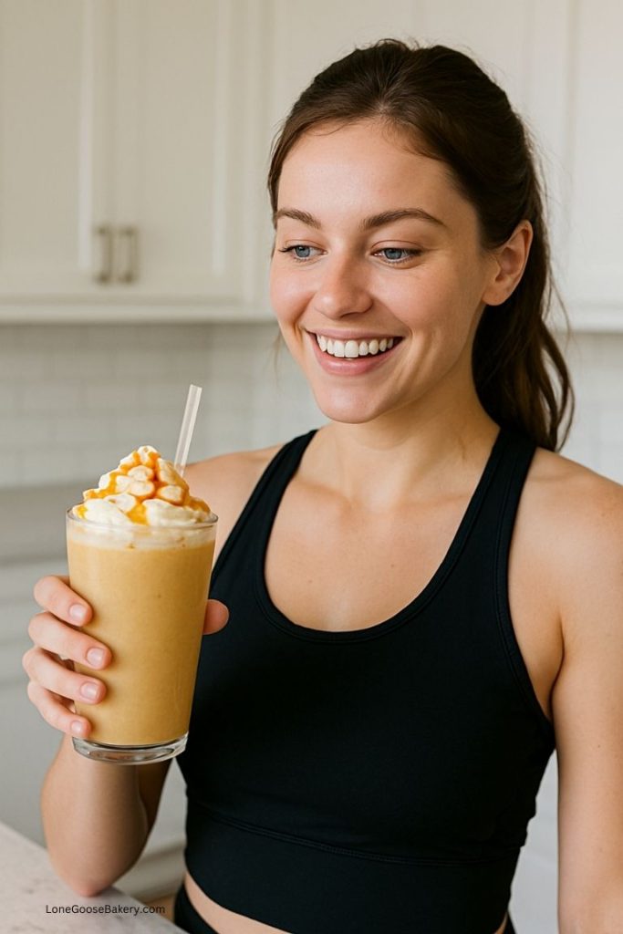 woman drinking caramel frappuccino