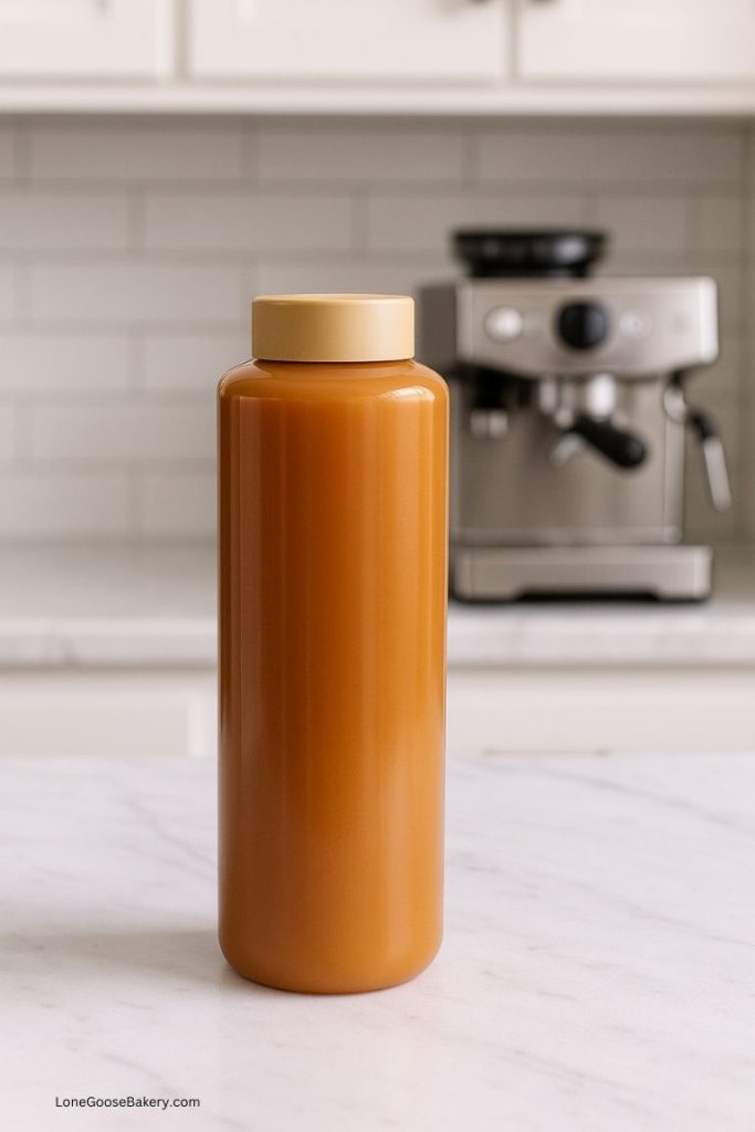 caramel sauce bottle in bright kitchen