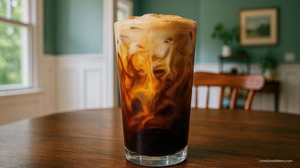 iced horchata latte on dining room table