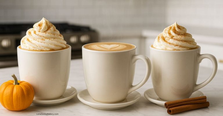 3 fall lattes in kitchen including pumpkin spice and cinnamon dolce latte