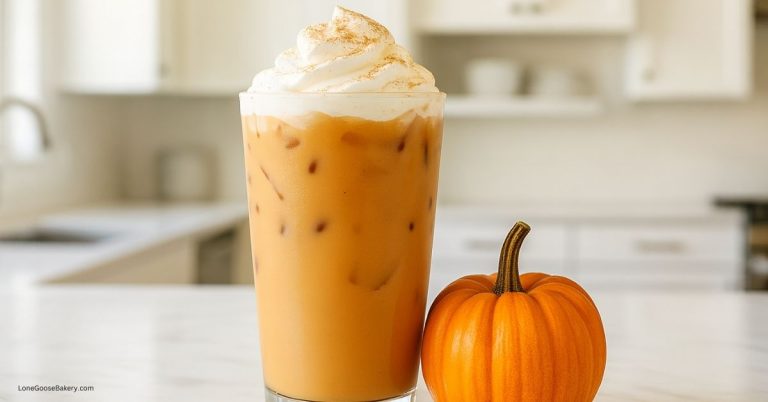 iced pumpkin spice latte in kitchen with pumpkin