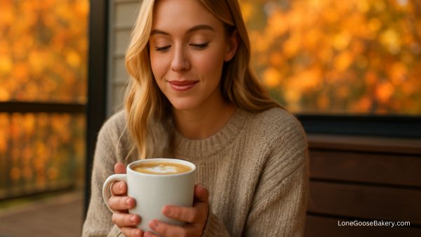 girl holding pecan latte on fall day