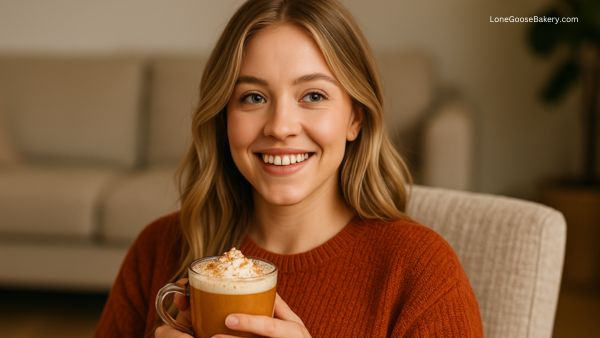 girl holding pumpkin spice latte in fall sweater