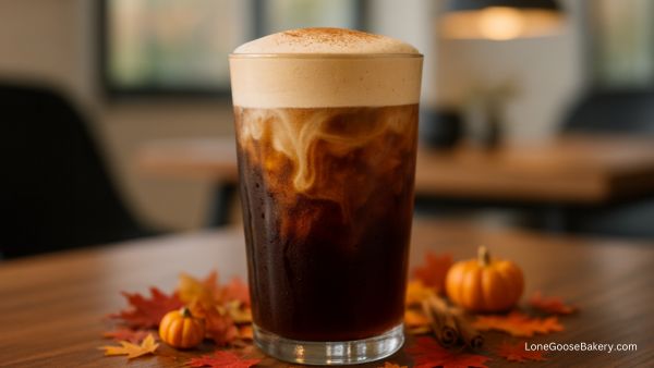 pumpkin cold brew with fall decorations