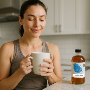 lone goose bakery pumpkin spice syrup bottle in kitchen