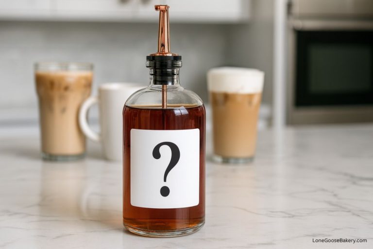bottle of vanilla coffee syrup with question mark label