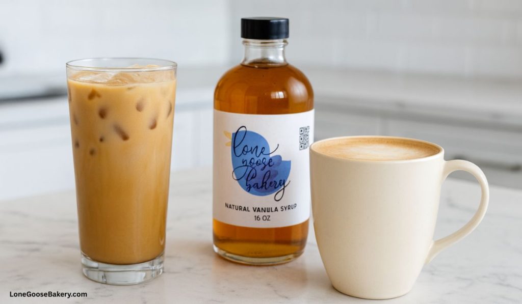 lone goose bakery vanilla syrup bottle with hot latte and iced latte