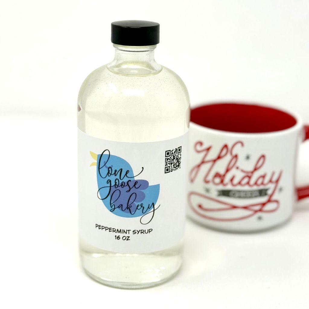 holiday peppermint syrup for coffee, mocha, latte, hot chocolate with mug