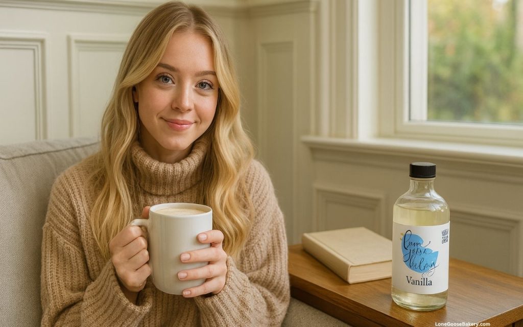 woman drinking sugar free vanilla syrup latte