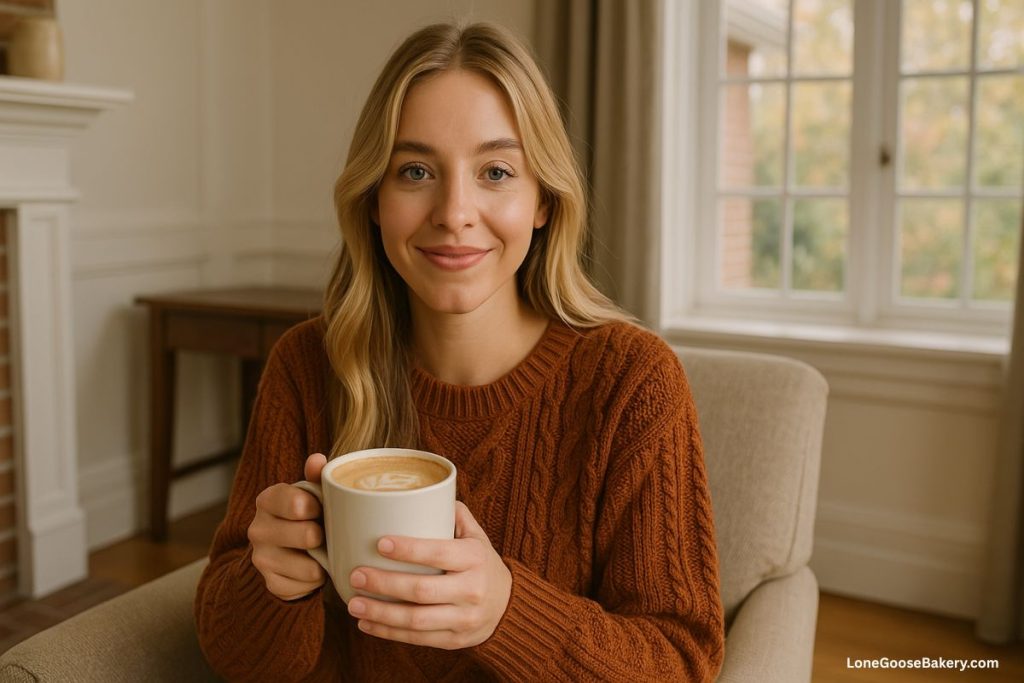 woman drinking hot latte in living room