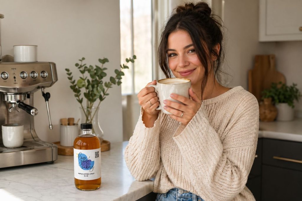 small batch coffee syrup with woman enjoying maple latte