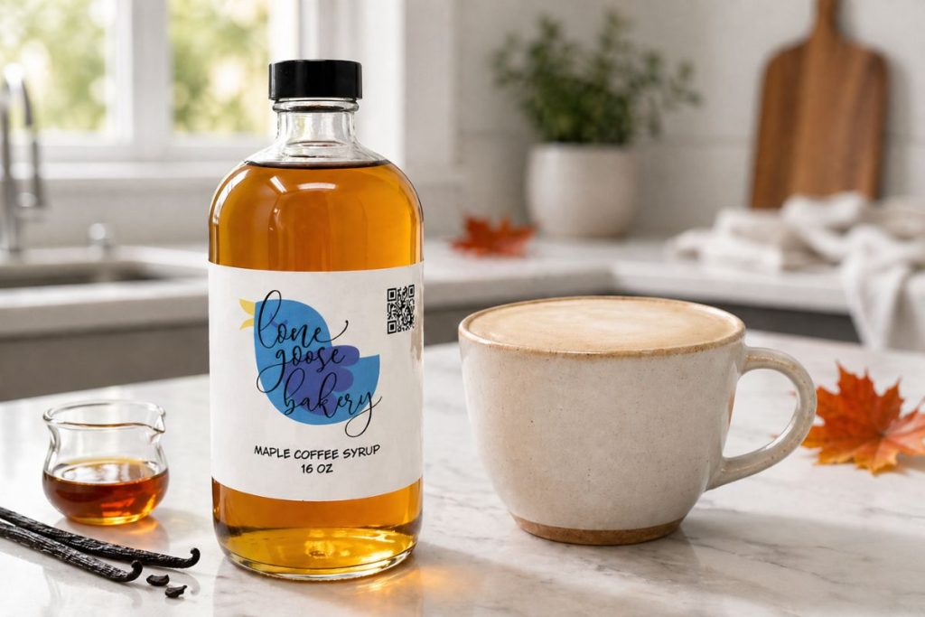 natural maple coffee syrup with maple latte