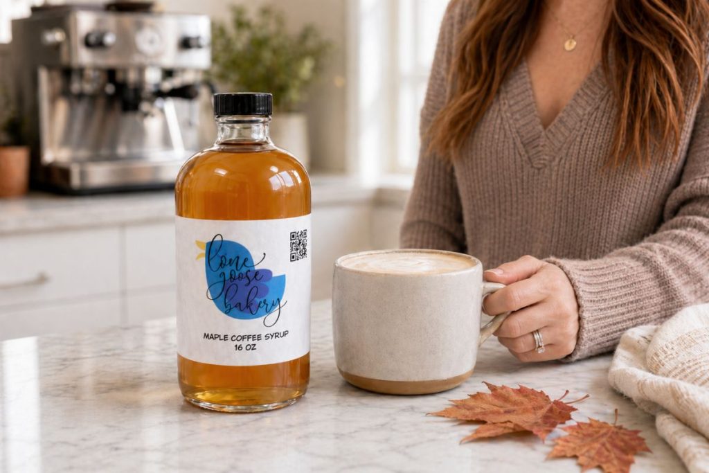 small batch maple coffee syrup in kitchen