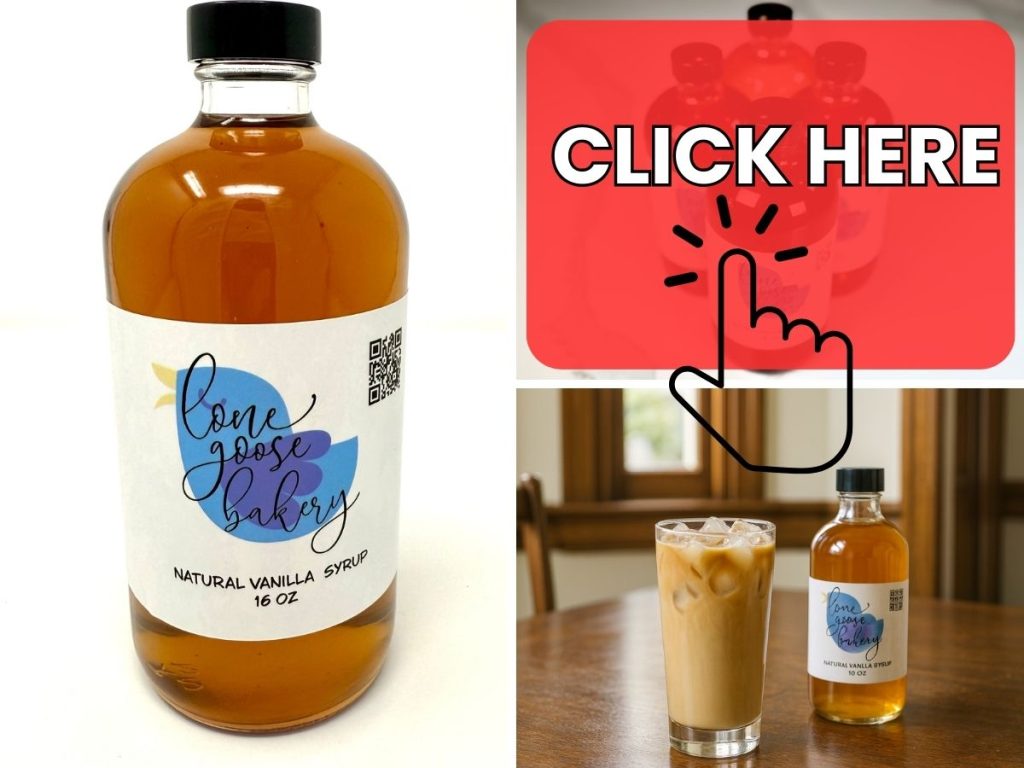 vanilla syrup bottle with iced coffee