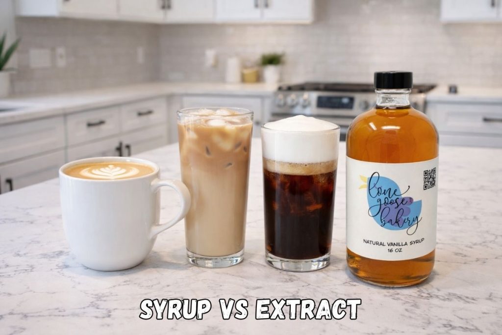 latte with iced latte with cold brew and vanilla syrup in kitchen