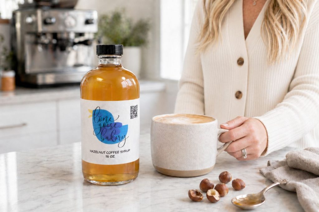 small batch hazelnut coffee syrup in kitchen with hazelnuts