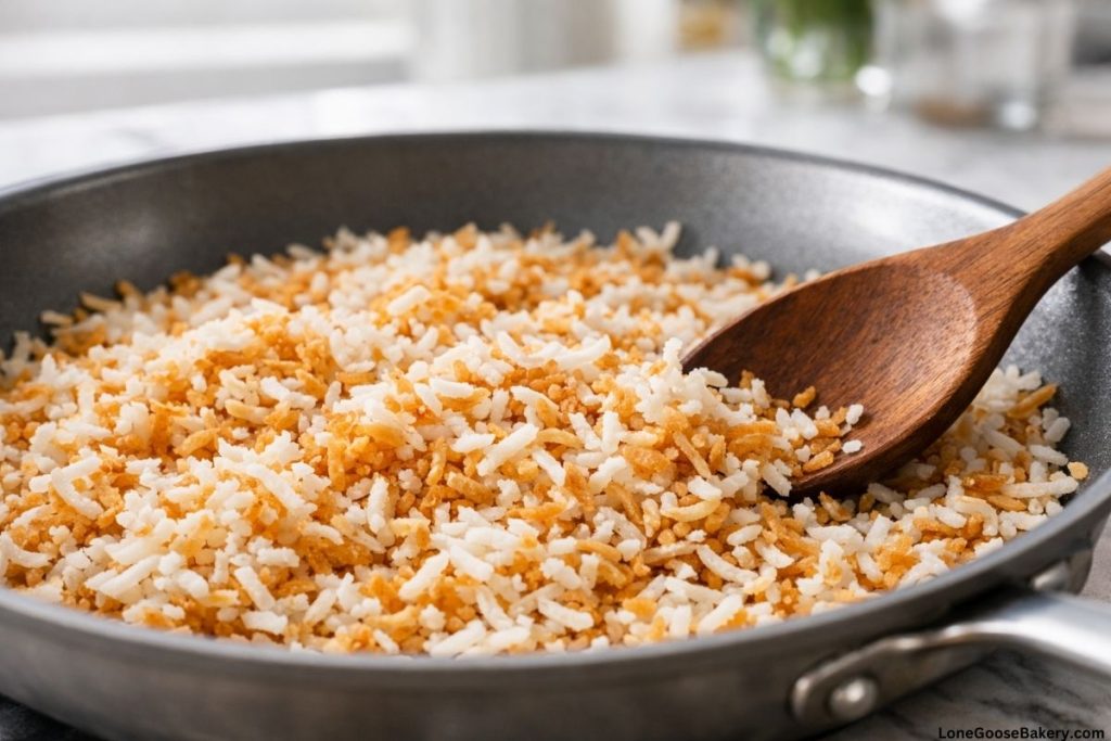 toasting shredded coconut in pan