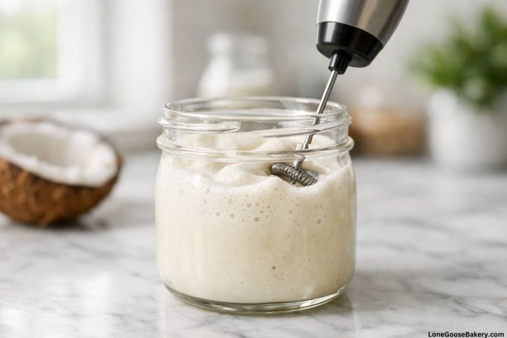 frothing coconut cream foam