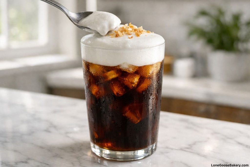 spooning coconut cold foam into glass