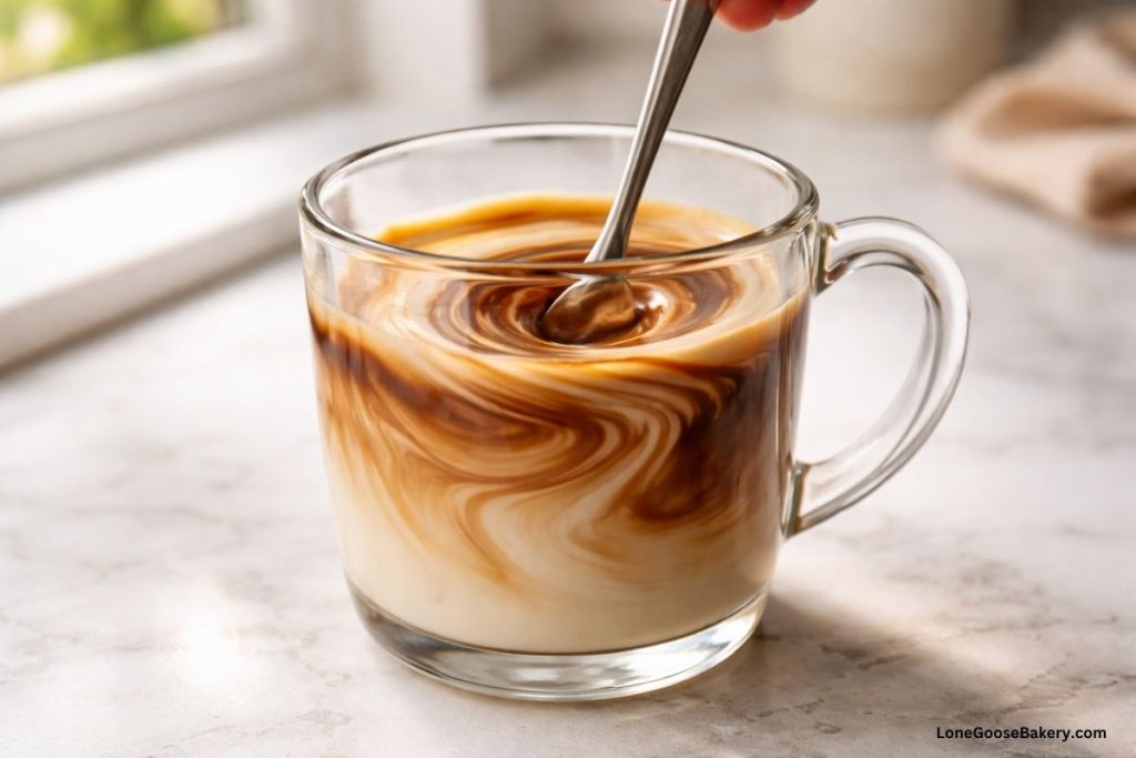 glass with espresso and milk being mixed