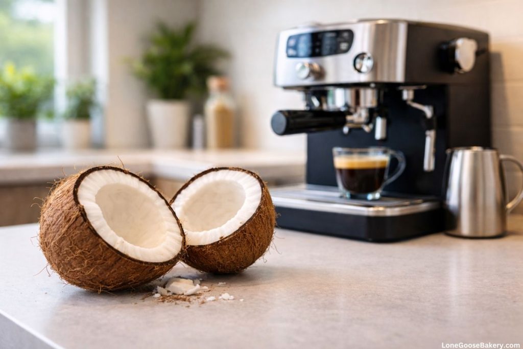 split coconut in kitchen with espresso