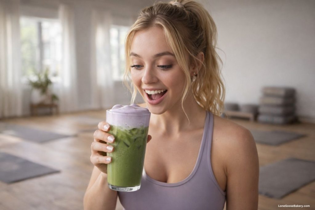 woman after yoga enjoying iced lavender cream matcha