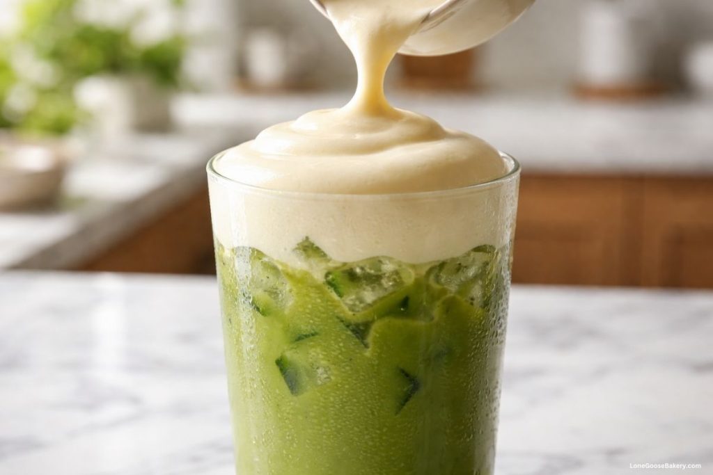 pouring banana bread cold foam onto matcha
