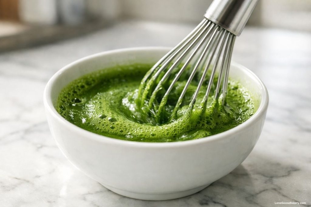 whisking matcha in white bowl