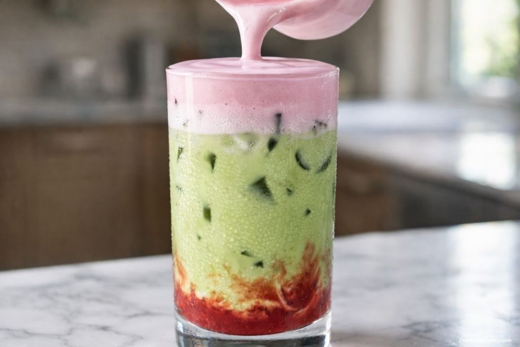 pouring raspberry cold foam onto iced double berry matcha