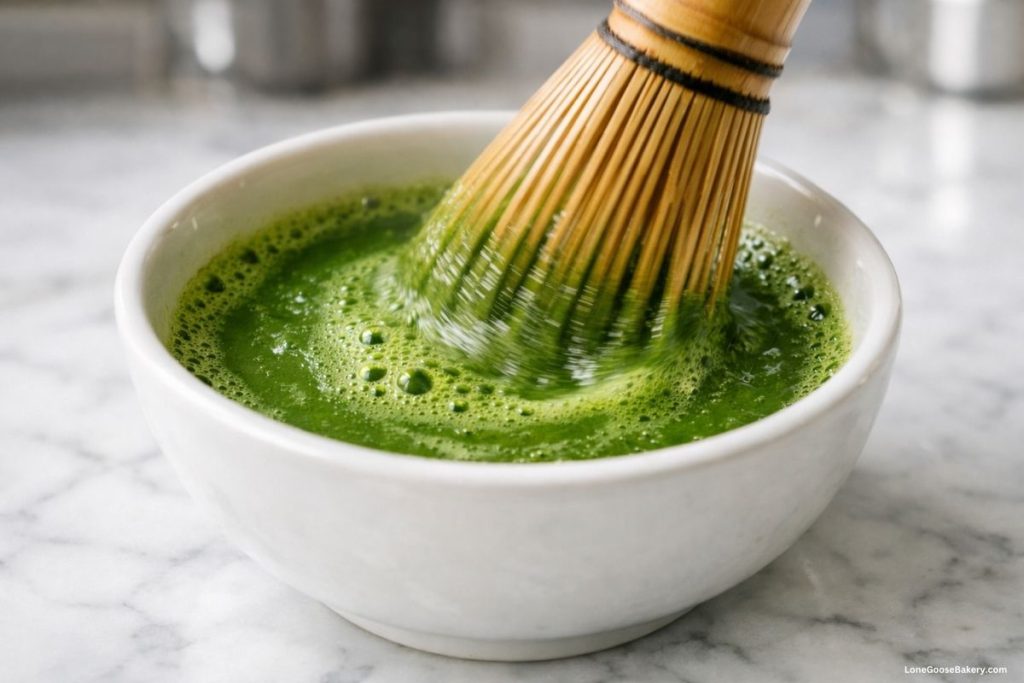 whisking matcha in white bowl