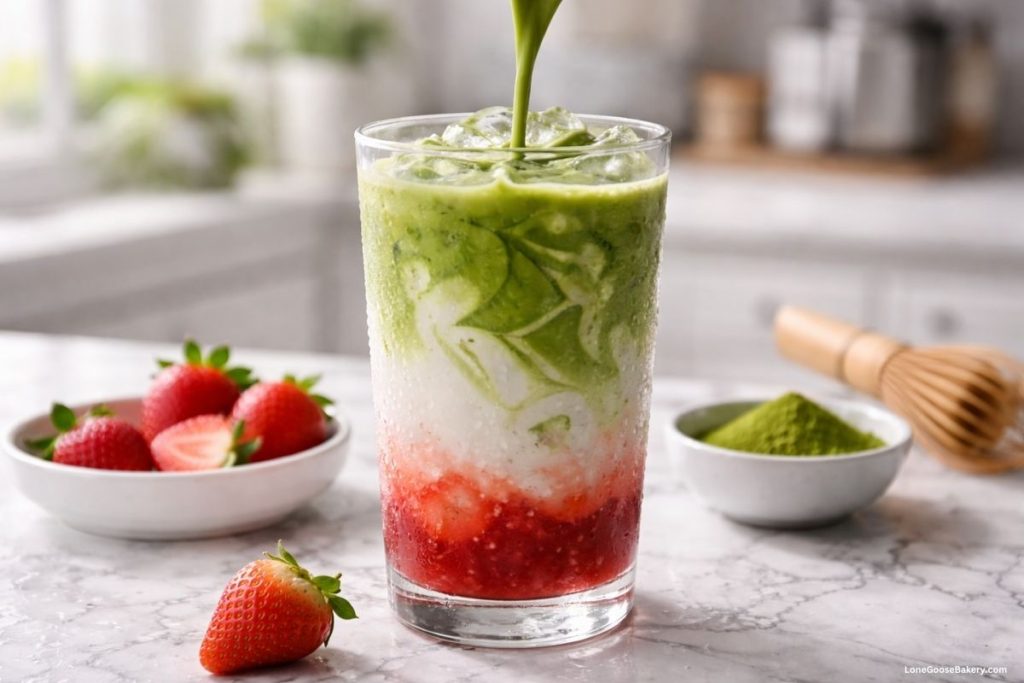 pouring matcha into iced double berry matcha