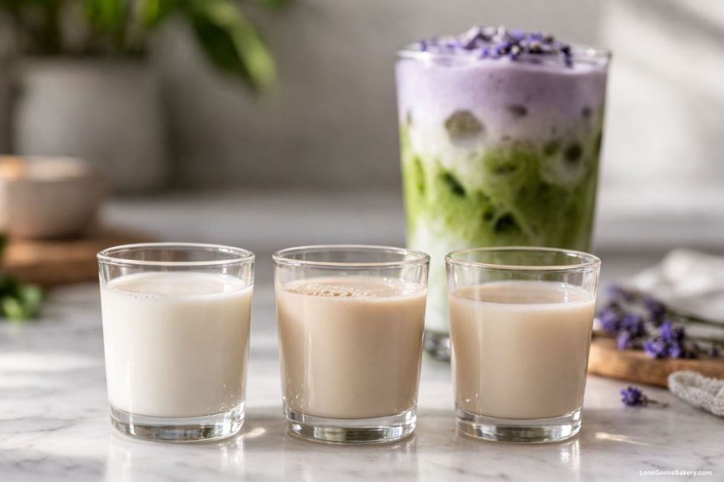 dairy and non dairy options or iced lavender cream matcha