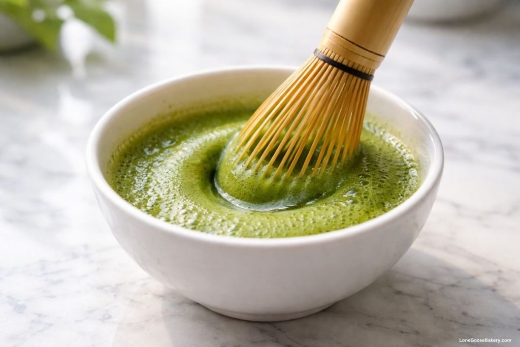 whisking matcha