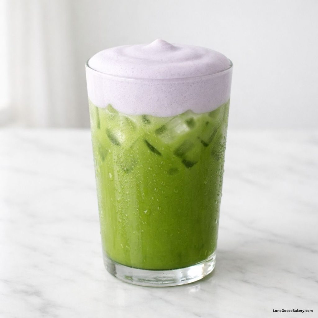 homemade iced lavender cream matcha with lavender cold foam
