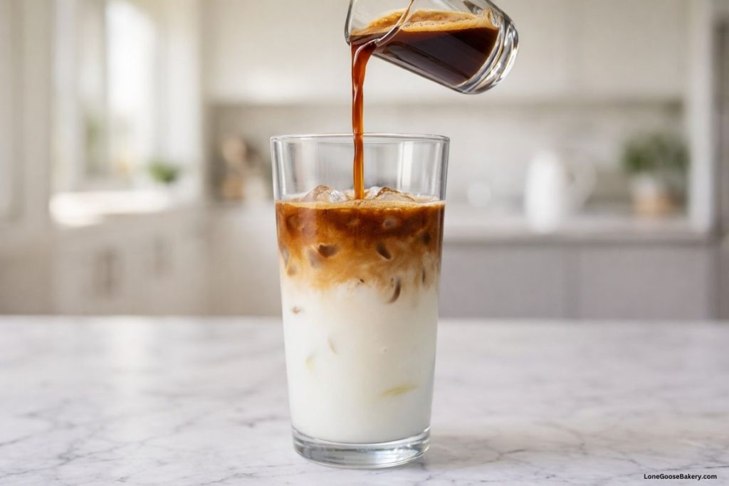 iced ube coconut macchiato espresso pour