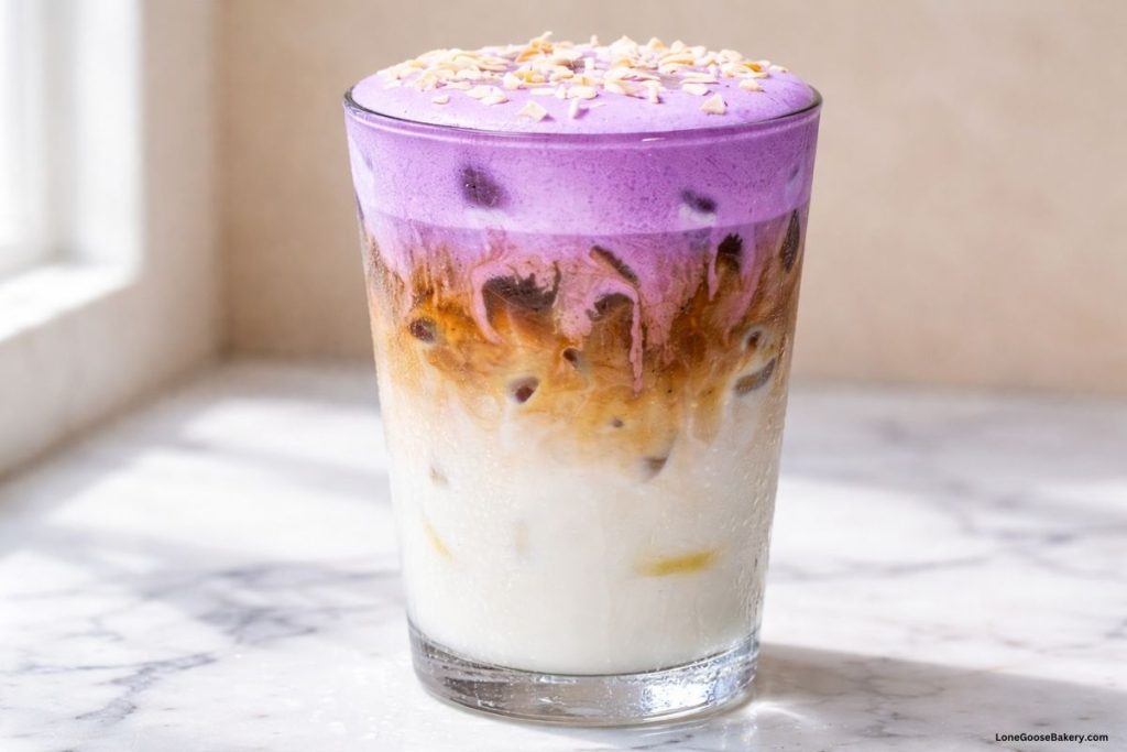 iced ube coconut macchiato layered closeup
