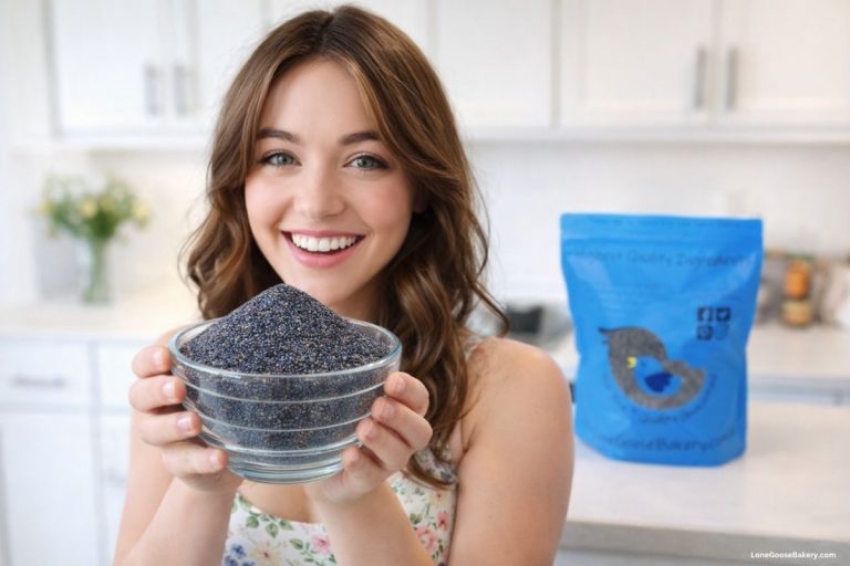woman holding blue bird poppy seeds