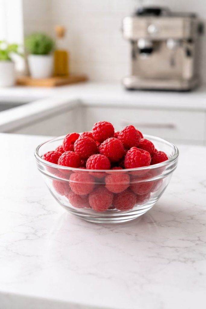 raspberry in bowl in modern kitchen