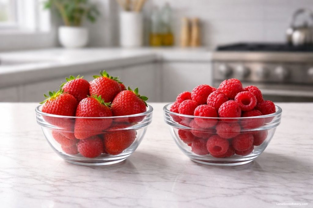 strawberries in bowl and raspberries in bowl