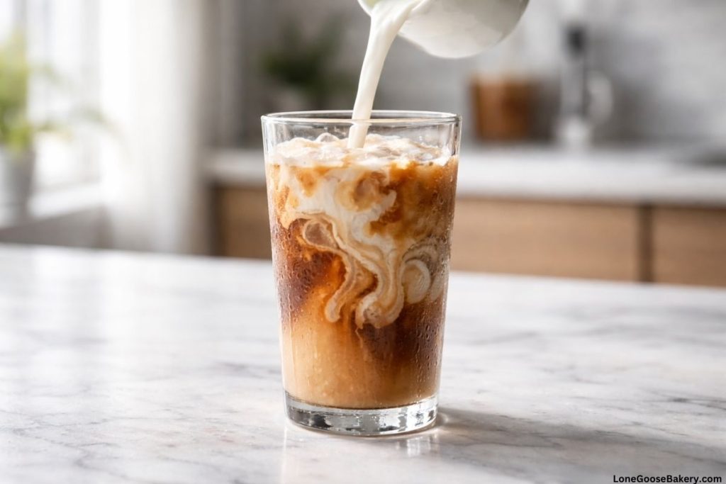 pouring milk into toasted coconut latte