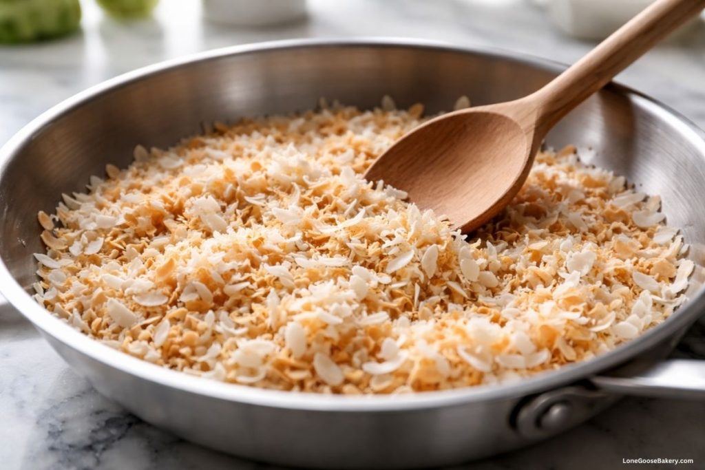 toasting coconut flakes for ube macchiato