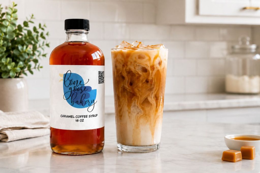 lone goose caramel coffee syrup with iced latte