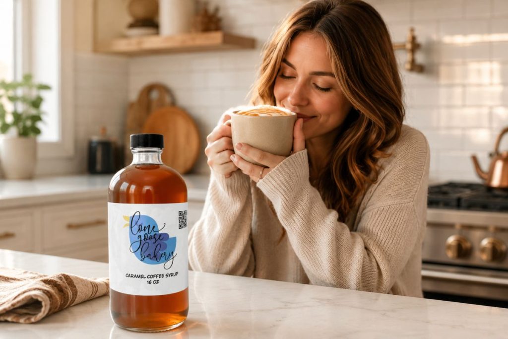 lone goose caramel coffee syrup with latte