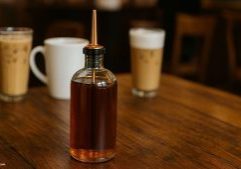 bottle of vanilla syrup in coffee house